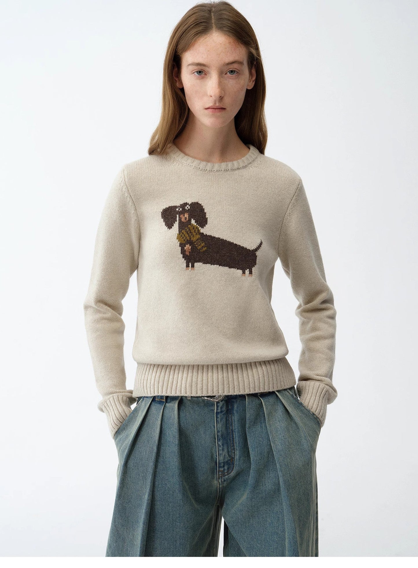 "Brani" Superfine Merino Wool Cotton Blend Animal Jacquard Round Neck Sweater for Women