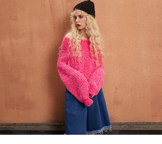 Gray Solid Knitted Casual Sweater Women Autumn Rose Red Pure Korean Ladies Off-Shoulder Top