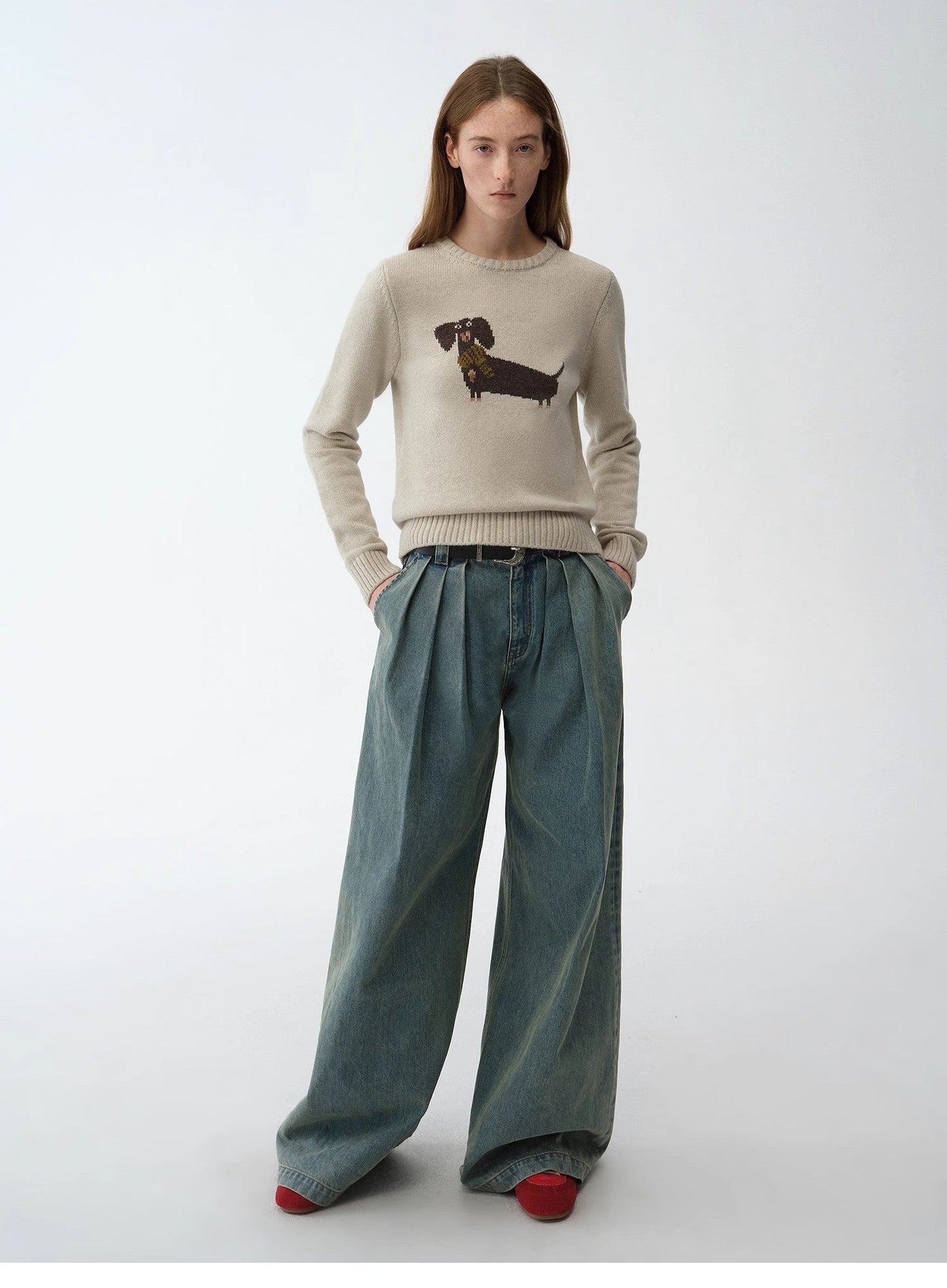 "Brani" Superfine Merino Wool Cotton Blend Animal Jacquard Round Neck Sweater for Women