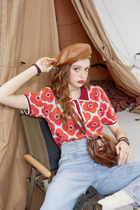 Daisy Floral Casual Knit Pullover Knitwear Women,Autumn Vintage Girly Basic Daily Sweater Crop Top