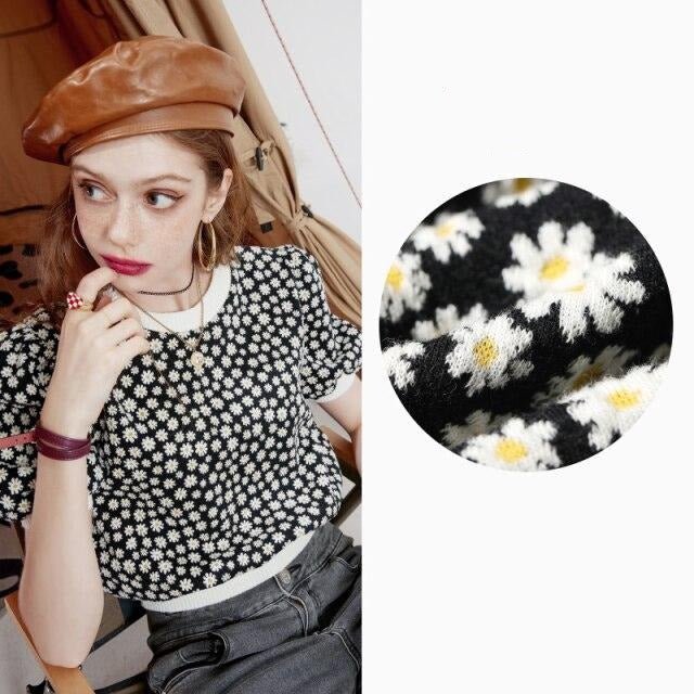 Daisy Floral Casual Knit Pullover Knitwear Women,Autumn Vintage Girly Basic Daily Sweater Crop Top
