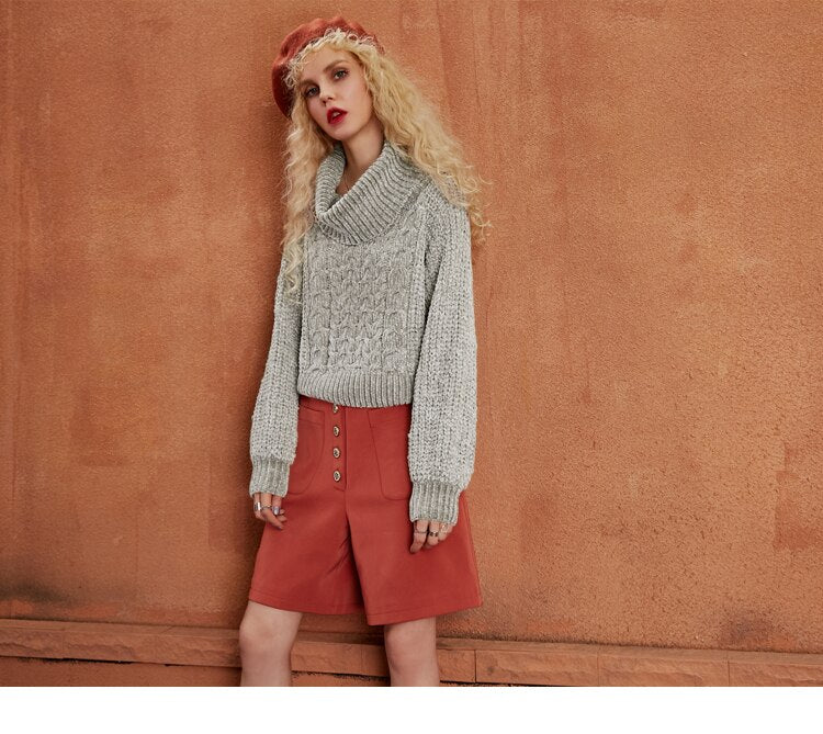 Gray Solid Knitted Casual Sweater Women Autumn Rose Red Pure Korean Ladies Off-Shoulder Top